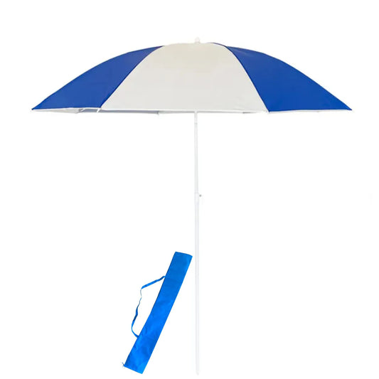 Beach umbrella with striped design, UV protection, and wind resistance, available in 3 sizes (160x150 cm, 180x150 cm, 200x162 cm) and 4 vibrant colors, perfect for outdoor use in the garden, patio, or beach.