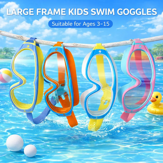 JSJM New Kids Swimming Goggles Big Frame HD Wide View Anti-Fog Waterproof Swim Mask For Boys Girls Ages 3-15 Multi-Color Choice