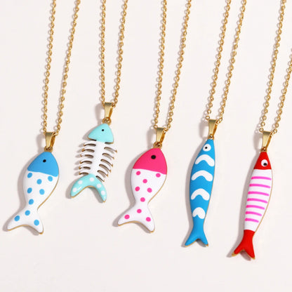 Waterproof Cute Colorful Enamel Fish Pendant Necklaces For Women Girls Lovely Stainless Steel Gold Color Summer Beach Jewelry