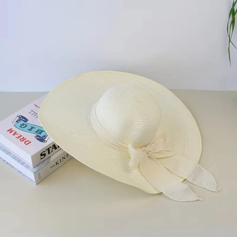 Big Bowknot Summer Straw Hat For Women Lady Wide Brim Foldable Retro Color Sunscreen Panama Cap Outdoor Beach Tour Visors Hats