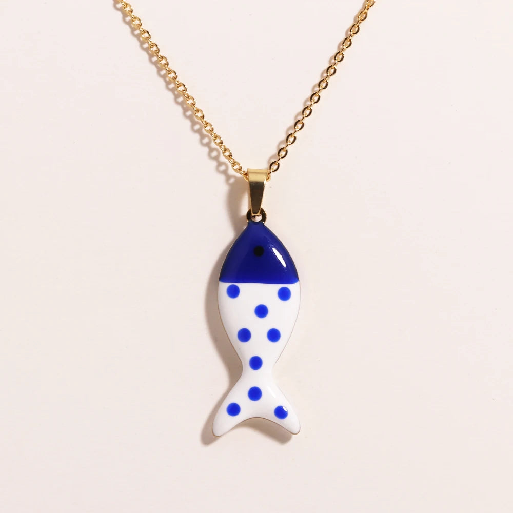 Waterproof Cute Colorful Enamel Fish Pendant Necklaces For Women Girls Lovely Stainless Steel Gold Color Summer Beach Jewelry