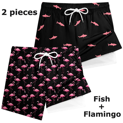 3D Print 2 in 1 Mens Swim Trunks Summer Quick Dry Beach Shorts with Phone Pocket Swimwear Swimsuit Bathing Suit  Board Shorts