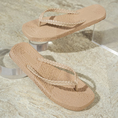 Women's Summer Beach Vacation Square-Toe Comfortable Open-Toe Waterproof Non-Slip Flat Flip-Flops, Casual Home-Style Flip-Flops
