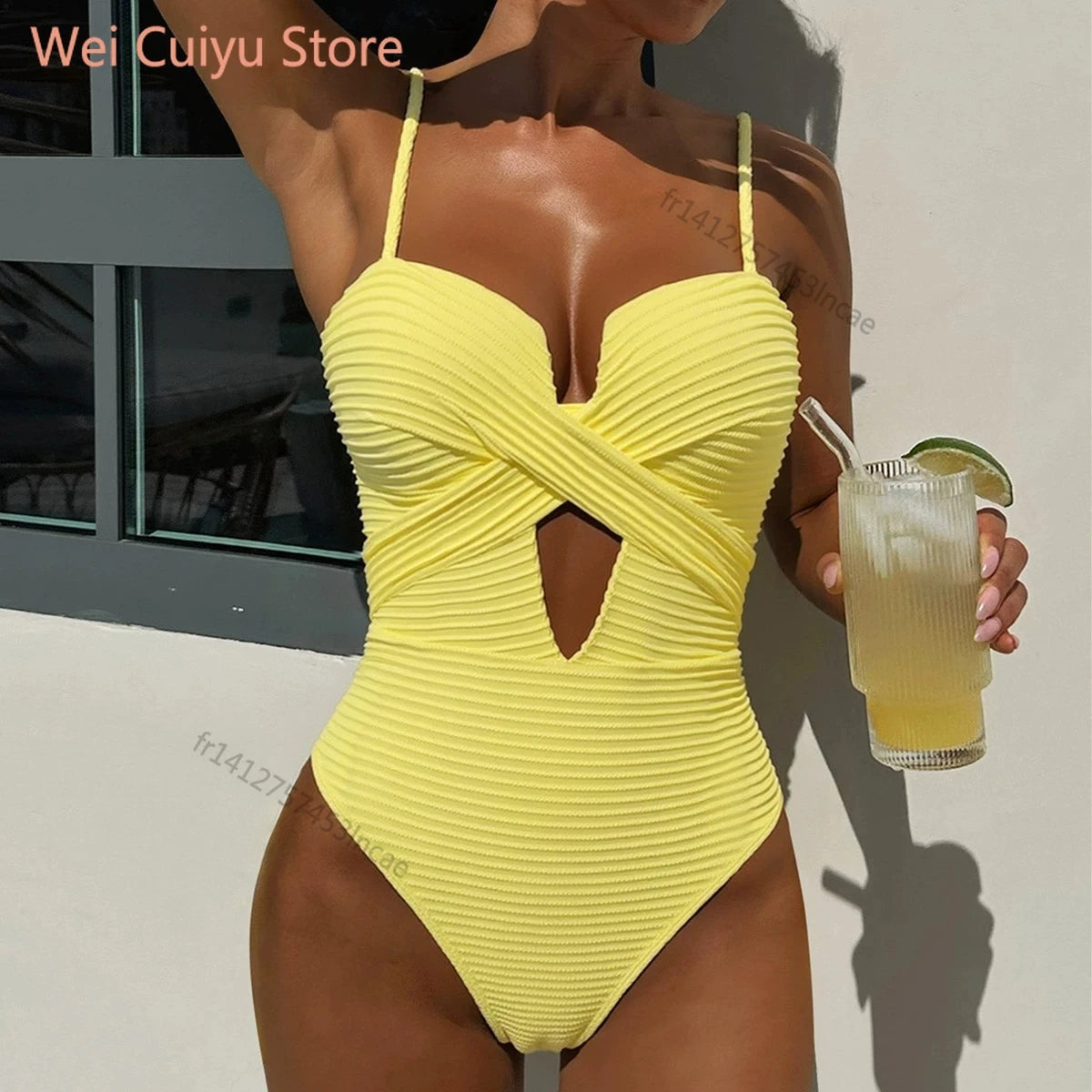 Sexy Yellow Swimwear Women 2026 Hollow Out Cross Slim Tummy Control One Piece Swimsuit Beach Backless Bathing Suit Monokini