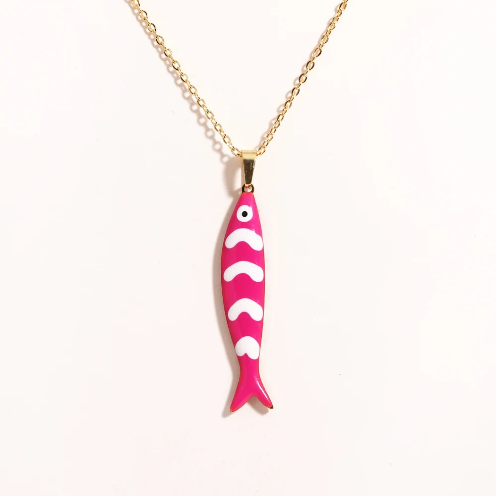 Waterproof Cute Colorful Enamel Fish Pendant Necklaces For Women Girls Lovely Stainless Steel Gold Color Summer Beach Jewelry