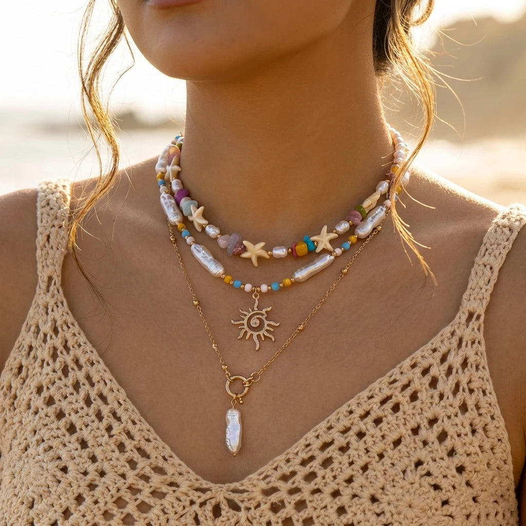 Bohemain Vintage Shell Starfish Turtle Multilayer Necklace for Women Ethnic Handmade Blue Beaded Necklaces Summer Beach Jewelry