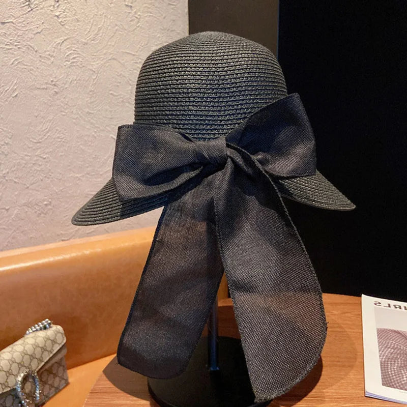 Big Bowknot Summer Straw Hat For Women Lady Wide Brim Foldable Retro Color Sunscreen Panama Cap Outdoor Beach Tour Visors Hats