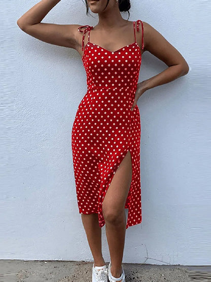 Dresses Sundress Summer Women Causal Polka Dot Sleeveless High Pleated elastic waist V-Neck Beach Dress Vestidos De Verano