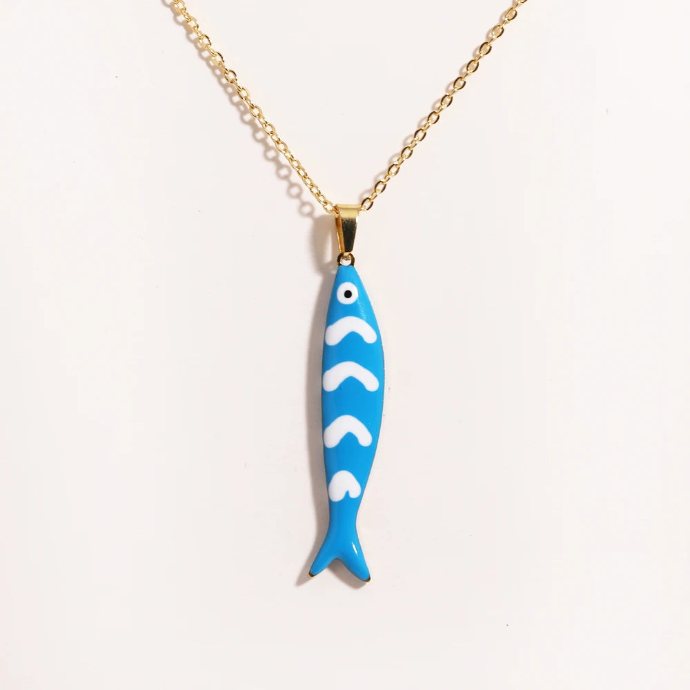 Waterproof Cute Colorful Enamel Fish Pendant Necklaces For Women Girls Lovely Stainless Steel Gold Color Summer Beach Jewelry