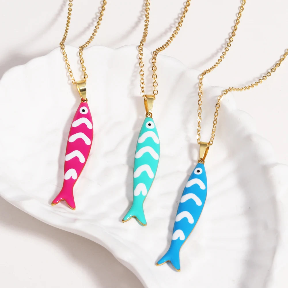 Waterproof Cute Colorful Enamel Fish Pendant Necklaces For Women Girls Lovely Stainless Steel Gold Color Summer Beach Jewelry