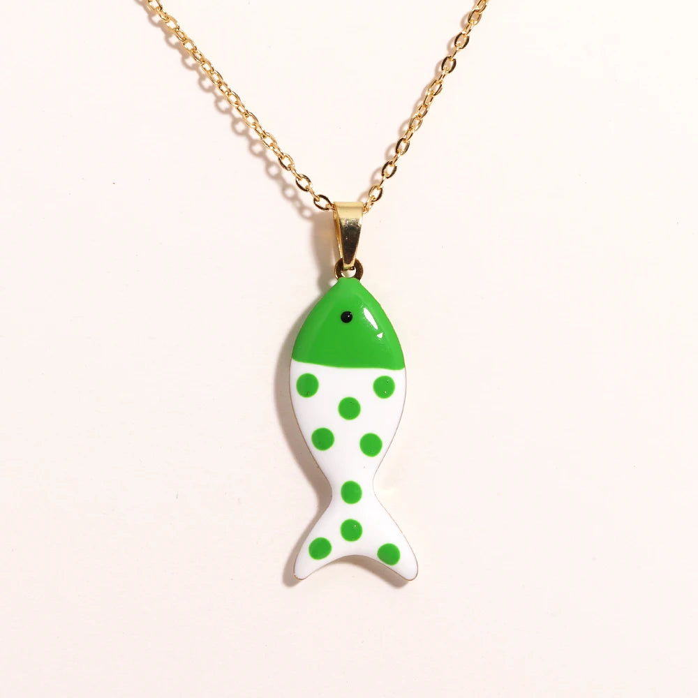 Waterproof Cute Colorful Enamel Fish Pendant Necklaces For Women Girls Lovely Stainless Steel Gold Color Summer Beach Jewelry