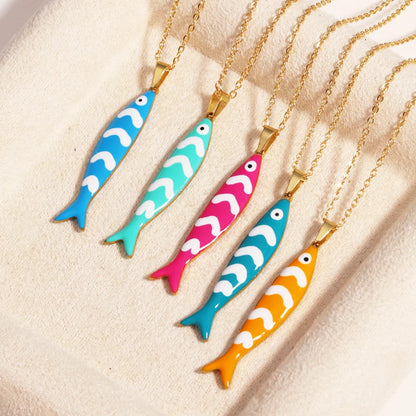 Waterproof Cute Colorful Enamel Fish Pendant Necklaces For Women Girls Lovely Stainless Steel Gold Color Summer Beach Jewelry