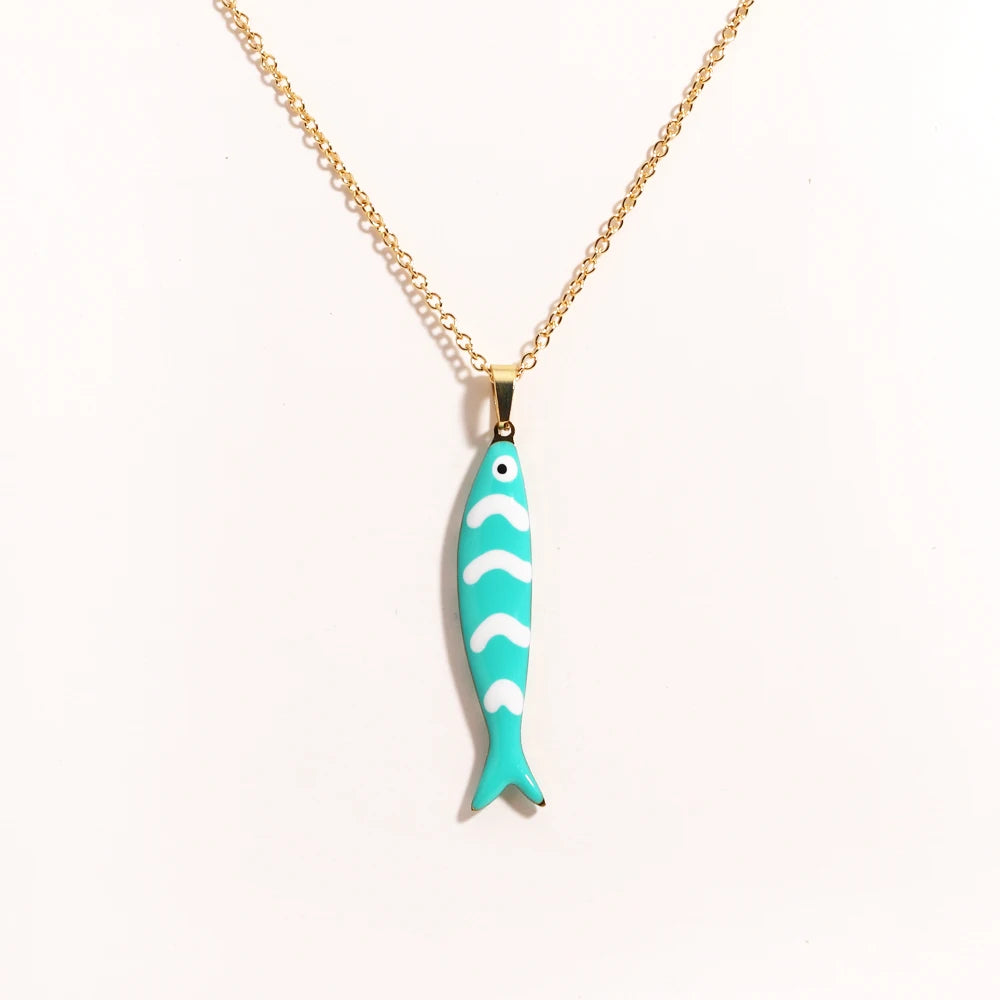 Waterproof Cute Colorful Enamel Fish Pendant Necklaces For Women Girls Lovely Stainless Steel Gold Color Summer Beach Jewelry