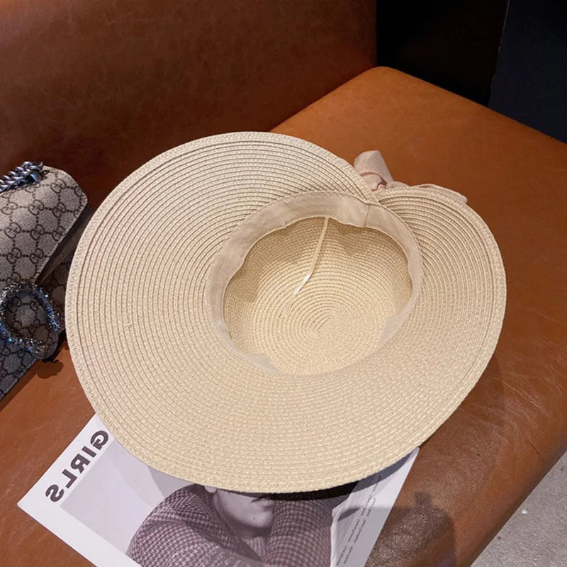 Big Bowknot Summer Straw Hat For Women Lady Wide Brim Foldable Retro Color Sunscreen Panama Cap Outdoor Beach Tour Visors Hats