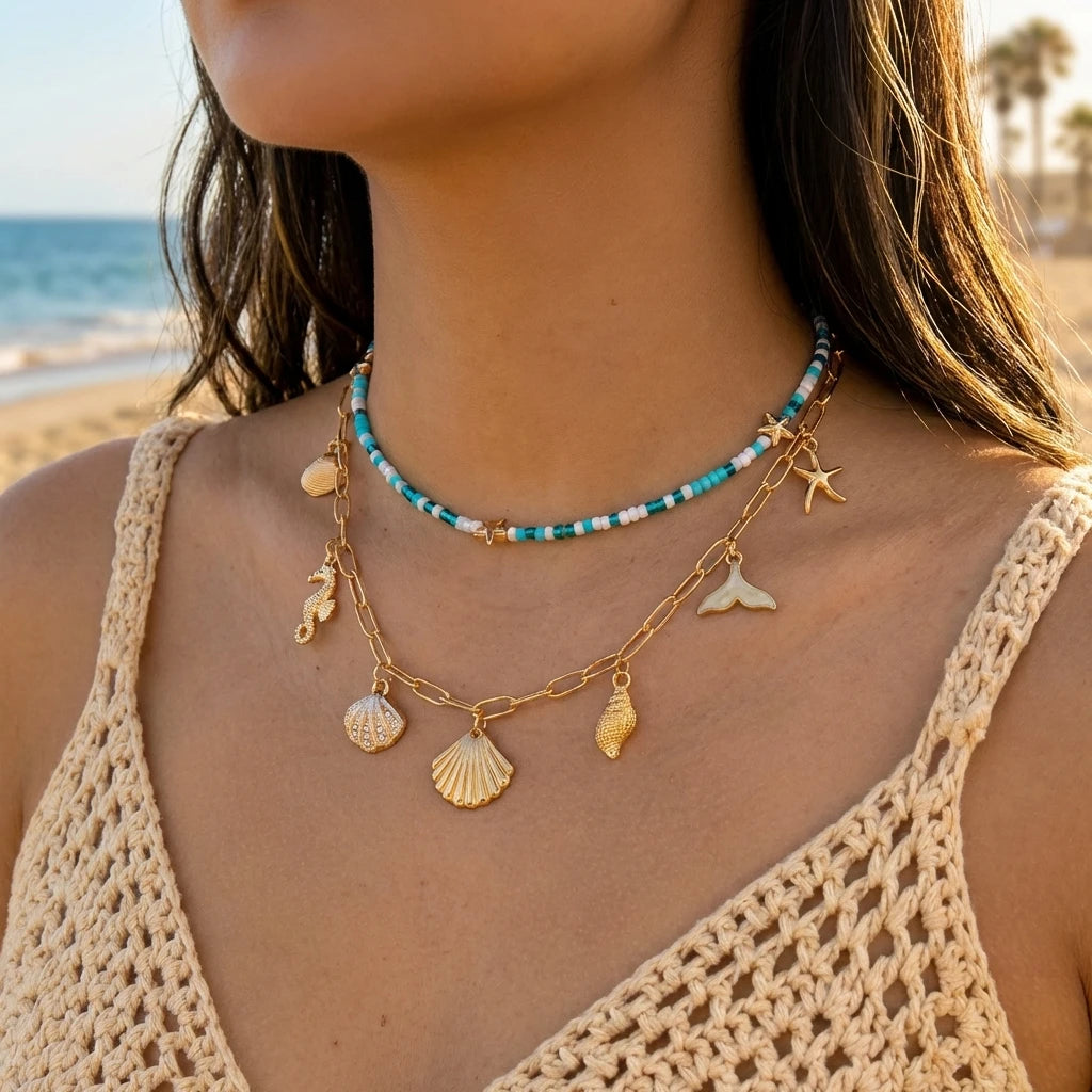 Bohemain Vintage Shell Starfish Turtle Multilayer Necklace for Women Ethnic Handmade Blue Beaded Necklaces Summer Beach Jewelry