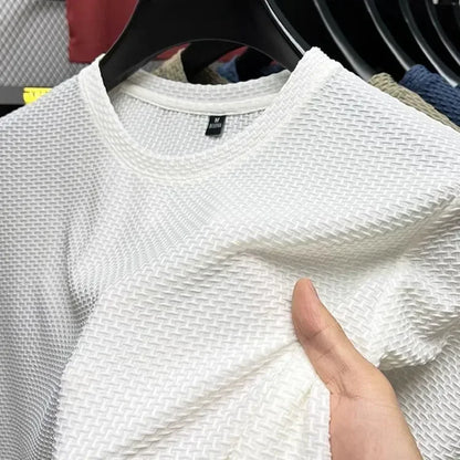 Men's Short Sleeve Mesh Bamboo Ice Silk T-shirt Casual Versatile Summer Elastic Slimming Top for Men