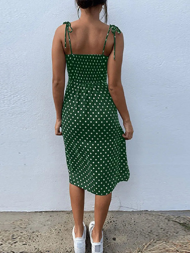 Dresses Sundress Summer Women Causal Polka Dot Sleeveless High Pleated elastic waist V-Neck Beach Dress Vestidos De Verano