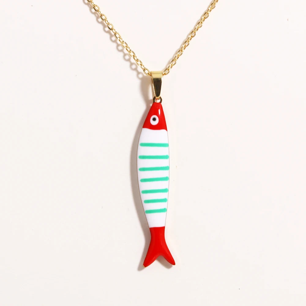 Waterproof Cute Colorful Enamel Fish Pendant Necklaces For Women Girls Lovely Stainless Steel Gold Color Summer Beach Jewelry