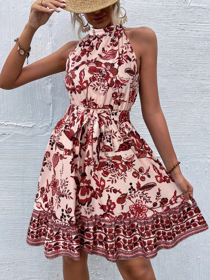 New Summer Sleeveless Dresses for Women Slim Halter Women Dress Lace-up Print A-LINE Dress Women Vestidos De Verano Mujer Q4133