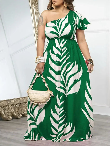 Bohemian Leaf Print A-line Maxi Dress for Woman Holiday One Shoulder High Waist Club Party Long Dresses Vestidos De Verano 2025