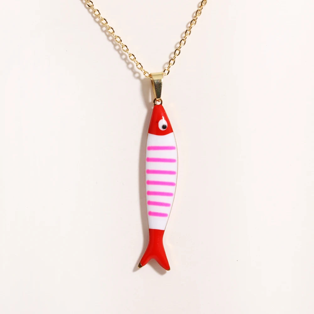 Waterproof Cute Colorful Enamel Fish Pendant Necklaces For Women Girls Lovely Stainless Steel Gold Color Summer Beach Jewelry