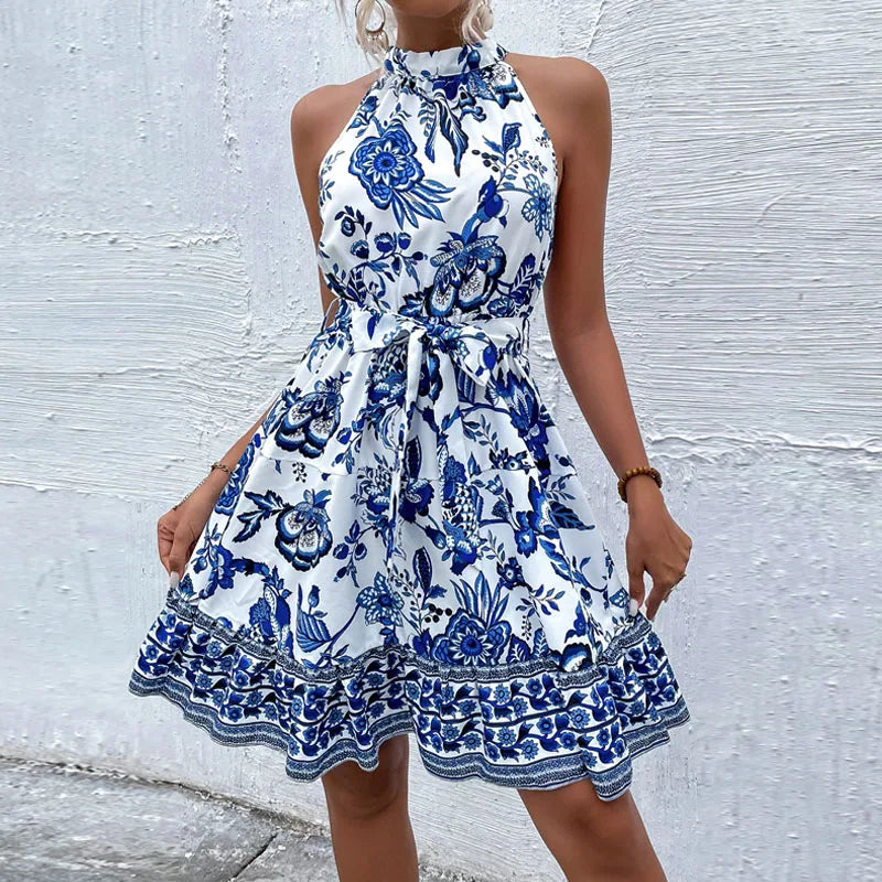 New Summer Sleeveless Dresses for Women Slim Halter Women Dress Lace-up Print A-LINE Dress Women Vestidos De Verano Mujer Q4133
