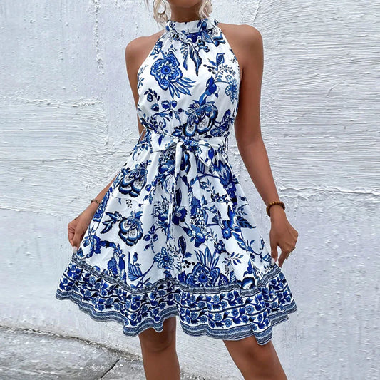 New Summer Sleeveless Dresses for Women Slim Halter Women Dress Lace-up Print A-LINE Dress Women Vestidos De Verano Mujer Q4133