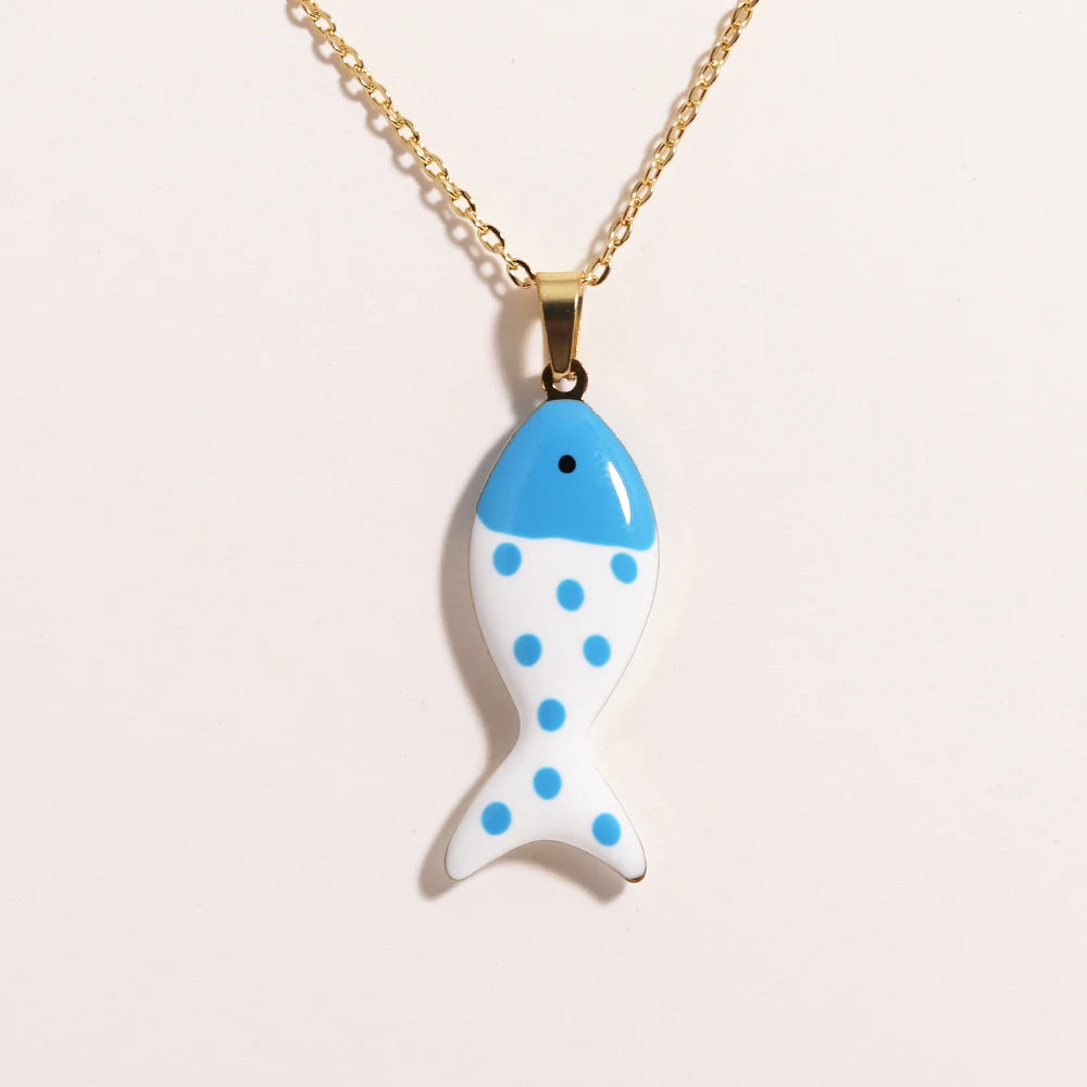 Waterproof Cute Colorful Enamel Fish Pendant Necklaces For Women Girls Lovely Stainless Steel Gold Color Summer Beach Jewelry