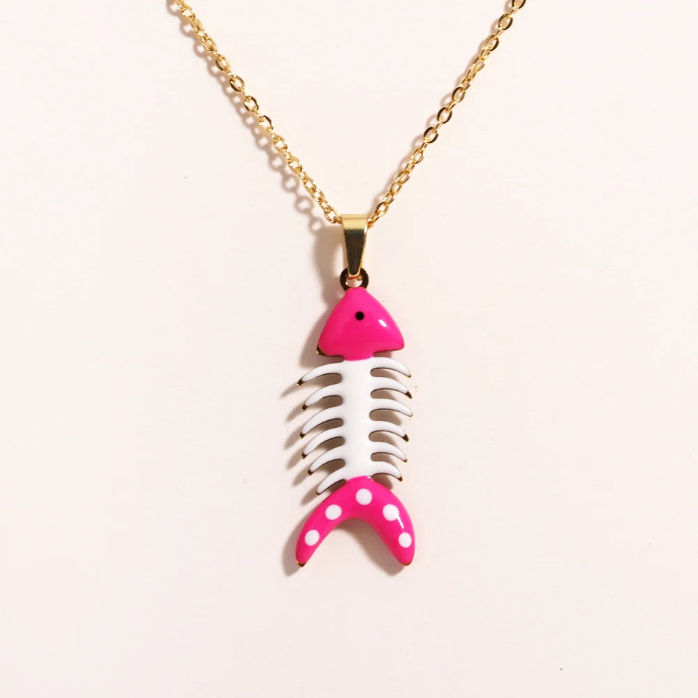 Waterproof Cute Colorful Enamel Fish Pendant Necklaces For Women Girls Lovely Stainless Steel Gold Color Summer Beach Jewelry