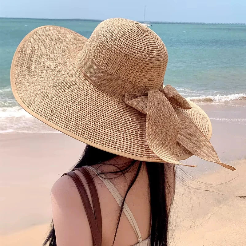 Big Bowknot Summer Straw Hat For Women Lady Wide Brim Foldable Retro Color Sunscreen Panama Cap Outdoor Beach Tour Visors Hats