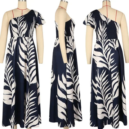 Bohemian Leaf Print A-line Maxi Dress for Woman Holiday One Shoulder High Waist Club Party Long Dresses Vestidos De Verano 2025