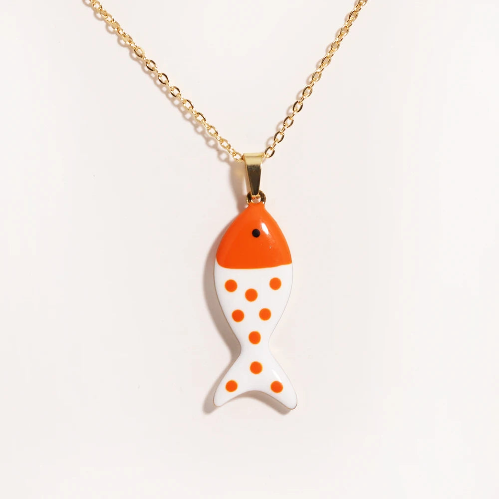 Waterproof Cute Colorful Enamel Fish Pendant Necklaces For Women Girls Lovely Stainless Steel Gold Color Summer Beach Jewelry