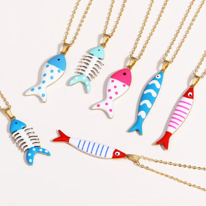 Waterproof Cute Colorful Enamel Fish Pendant Necklaces For Women Girls Lovely Stainless Steel Gold Color Summer Beach Jewelry