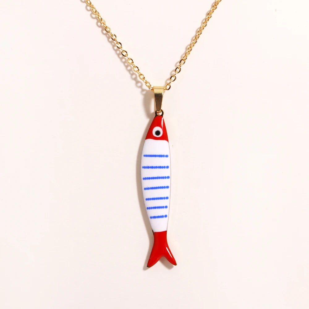 Waterproof Cute Colorful Enamel Fish Pendant Necklaces For Women Girls Lovely Stainless Steel Gold Color Summer Beach Jewelry