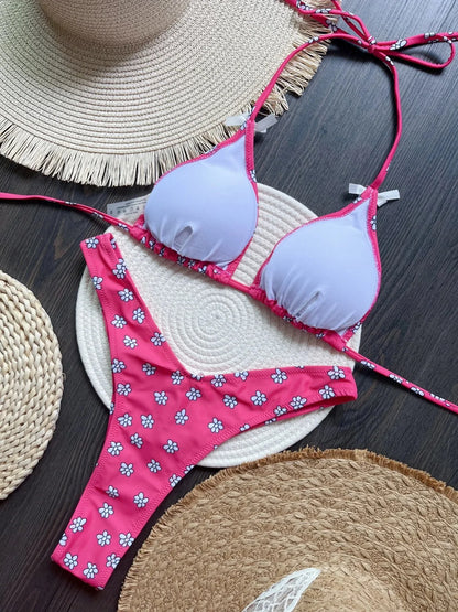 Flowers Printed Halter High Leg Cut Bikini Female Swimsuit Women Swimwear Two-pieces Bikini set Bather Bathing Suit Swim