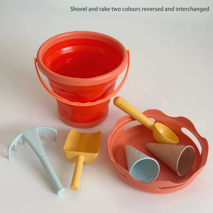 Beach Toys Collapsible Bucket Collapsible Carrying Bucket Sand Bucket 7-in-1 Toys, Shovel Rake Ice Cream Toys Kids Beach Toy