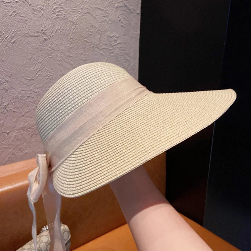 Big Bowknot Summer Straw Hat For Women Lady Wide Brim Foldable Retro Color Sunscreen Panama Cap Outdoor Beach Tour Visors Hats