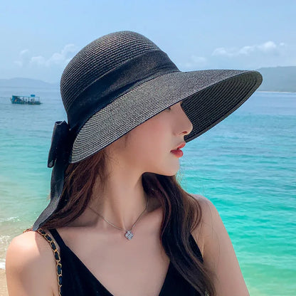 Big Bowknot Summer Straw Hat For Women Lady Wide Brim Foldable Retro Color Sunscreen Panama Cap Outdoor Beach Tour Visors Hats