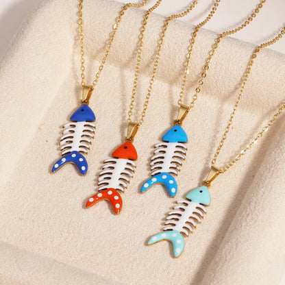 Waterproof Cute Colorful Enamel Fish Pendant Necklaces For Women Girls Lovely Stainless Steel Gold Color Summer Beach Jewelry