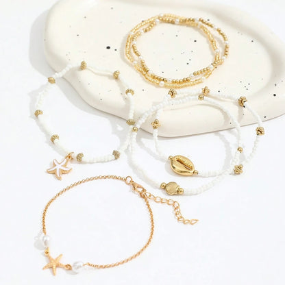 6pcs/set Fashion Stackable Starfish Shell Pendant Beads Anklets Set For Women Beach Jewelry Accessories