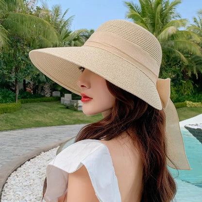 Big Bowknot Summer Straw Hat For Women Lady Wide Brim Foldable Retro Color Sunscreen Panama Cap Outdoor Beach Tour Visors Hats