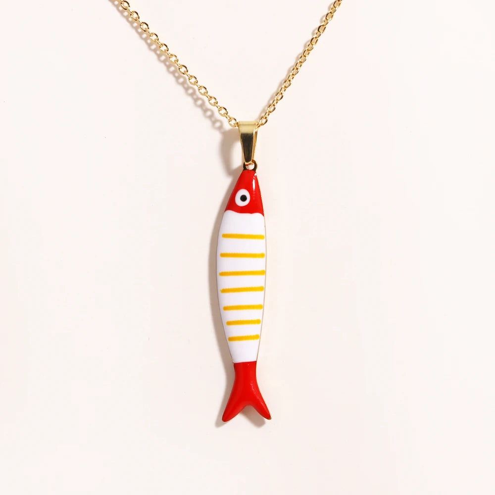 Waterproof Cute Colorful Enamel Fish Pendant Necklaces For Women Girls Lovely Stainless Steel Gold Color Summer Beach Jewelry