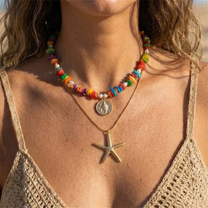 Bohemain Vintage Shell Starfish Turtle Multilayer Necklace for Women Ethnic Handmade Blue Beaded Necklaces Summer Beach Jewelry