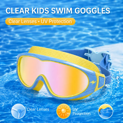 JSJM New Kids Swimming Goggles Big Frame HD Wide View Anti-Fog Waterproof Swim Mask For Boys Girls Ages 3-15 Multi-Color Choice