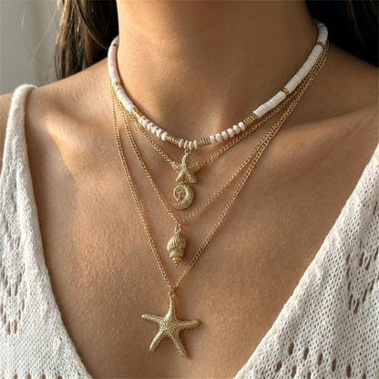 Bohemain Vintage Shell Starfish Turtle Multilayer Necklace for Women Ethnic Handmade Blue Beaded Necklaces Summer Beach Jewelry