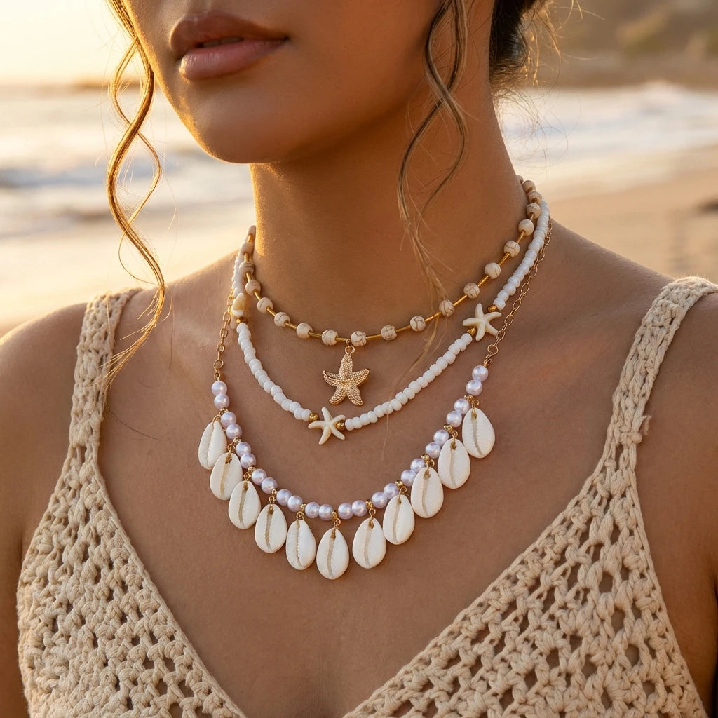 Bohemain Vintage Shell Starfish Turtle Multilayer Necklace for Women Ethnic Handmade Blue Beaded Necklaces Summer Beach Jewelry