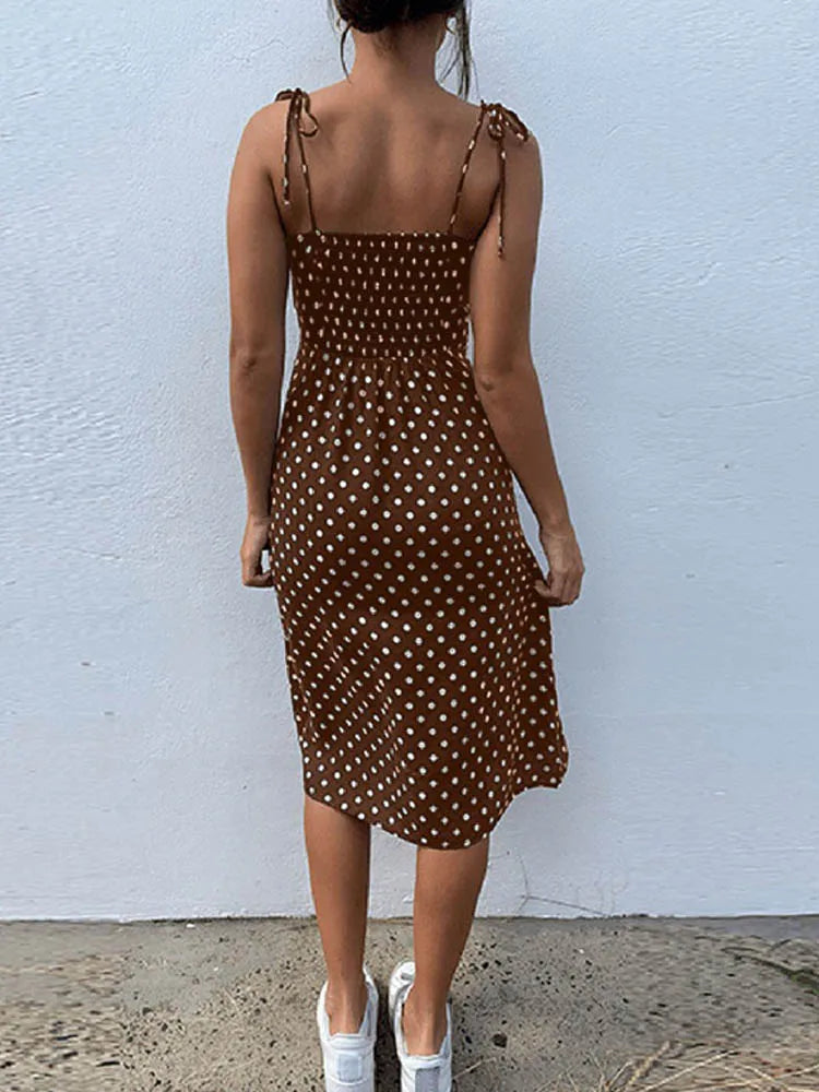 Dresses Sundress Summer Women Causal Polka Dot Sleeveless High Pleated elastic waist V-Neck Beach Dress Vestidos De Verano