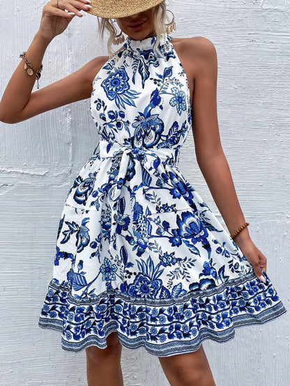 New Summer Sleeveless Dresses for Women Slim Halter Women Dress Lace-up Print A-LINE Dress Women Vestidos De Verano Mujer Q4133