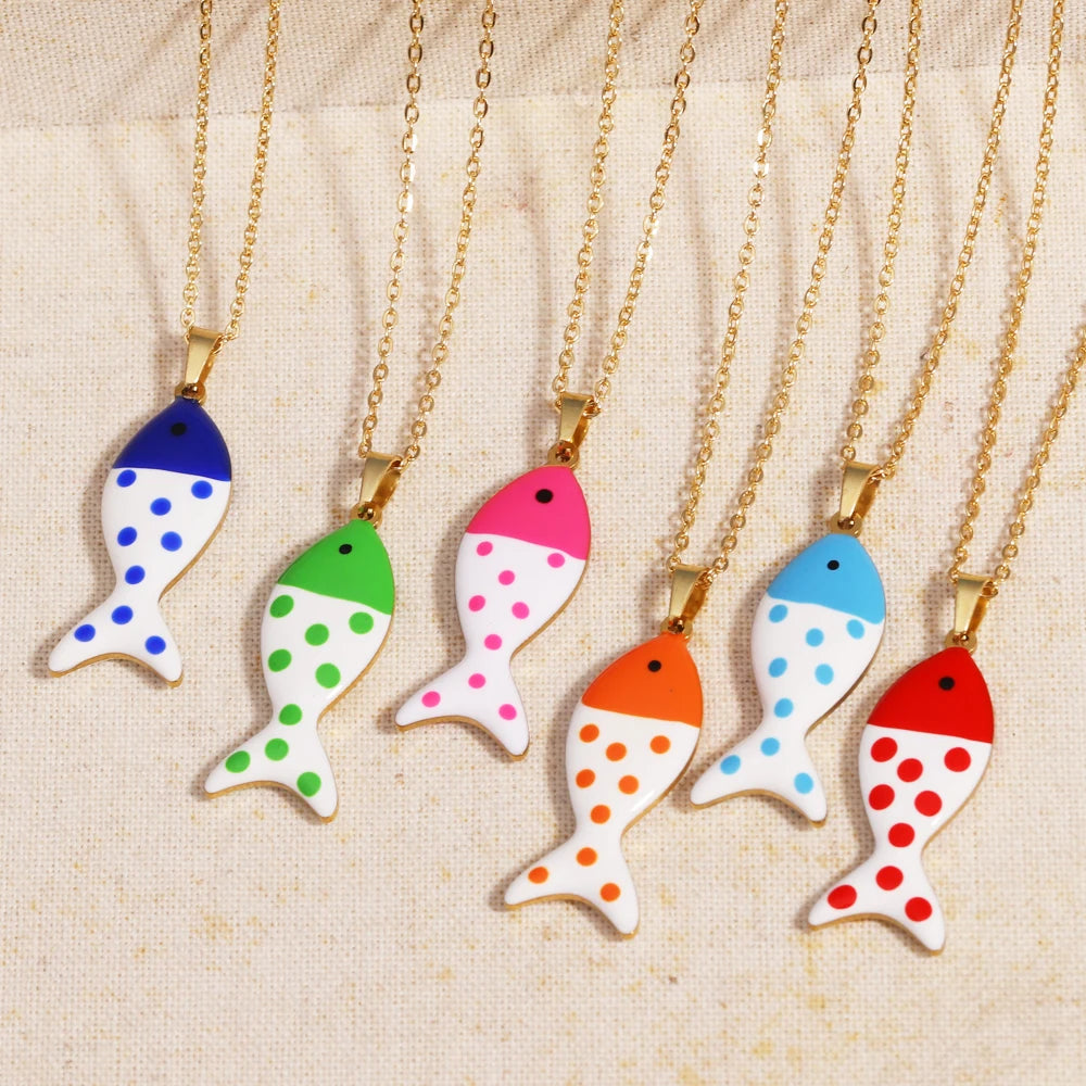 Waterproof Cute Colorful Enamel Fish Pendant Necklaces For Women Girls Lovely Stainless Steel Gold Color Summer Beach Jewelry
