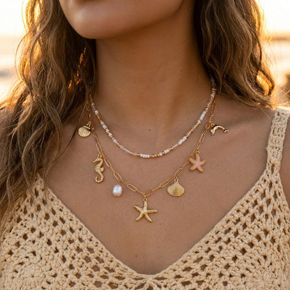 Bohemain Vintage Shell Starfish Turtle Multilayer Necklace for Women Ethnic Handmade Blue Beaded Necklaces Summer Beach Jewelry